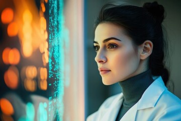 A young female scientist examines complex data on a large interactive screen, analyzing intricate patterns and insights.