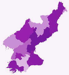 Map of Dem. Rep. Korea with regions. Just a simple country border map with region division. Purple color palette. Blank Democratic People's Republic of Korea shape with administrative division.