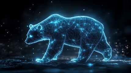 A Glowing Digital Bear Walking Across a Dark Background