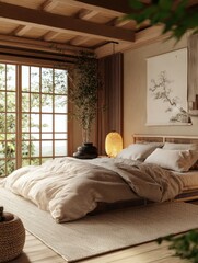 The bedroom is featuring an Asian style and design