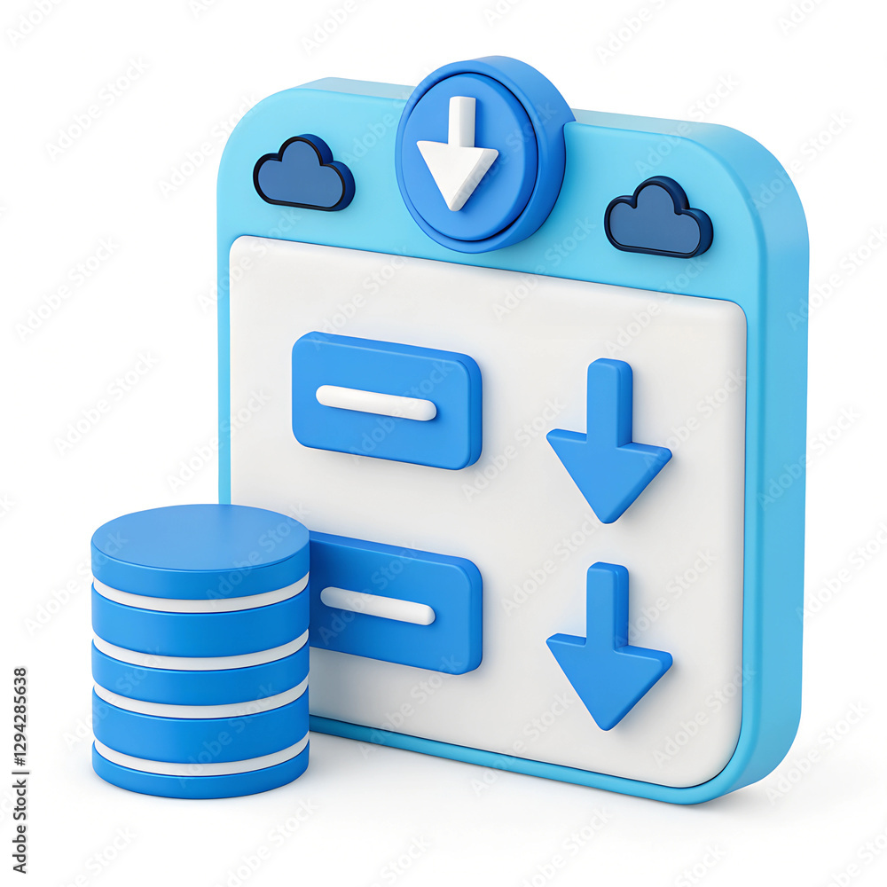 Poster cloud-based data downloading concept with arrows pointing down and a stack of database cylinders. mi