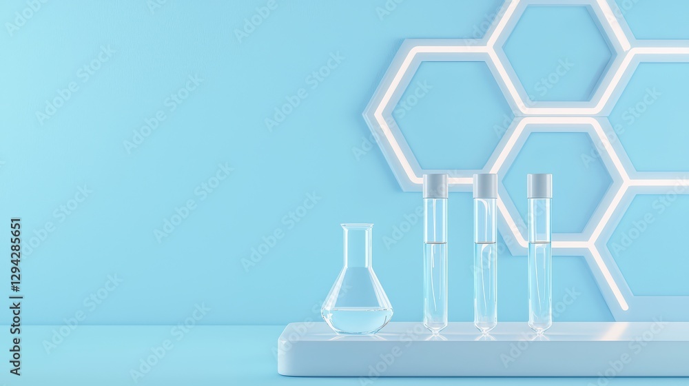 Poster futuristic laboratory with glowing test tubes and hexagonal design