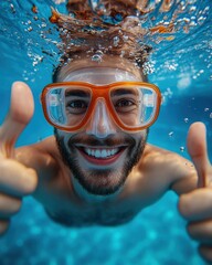 Naklejka premium Underwater Joyful Man with Snorkel Mask Giving Thumbs Up in Swimming Pool Capturing Summer Fun and Aquatic Adventure