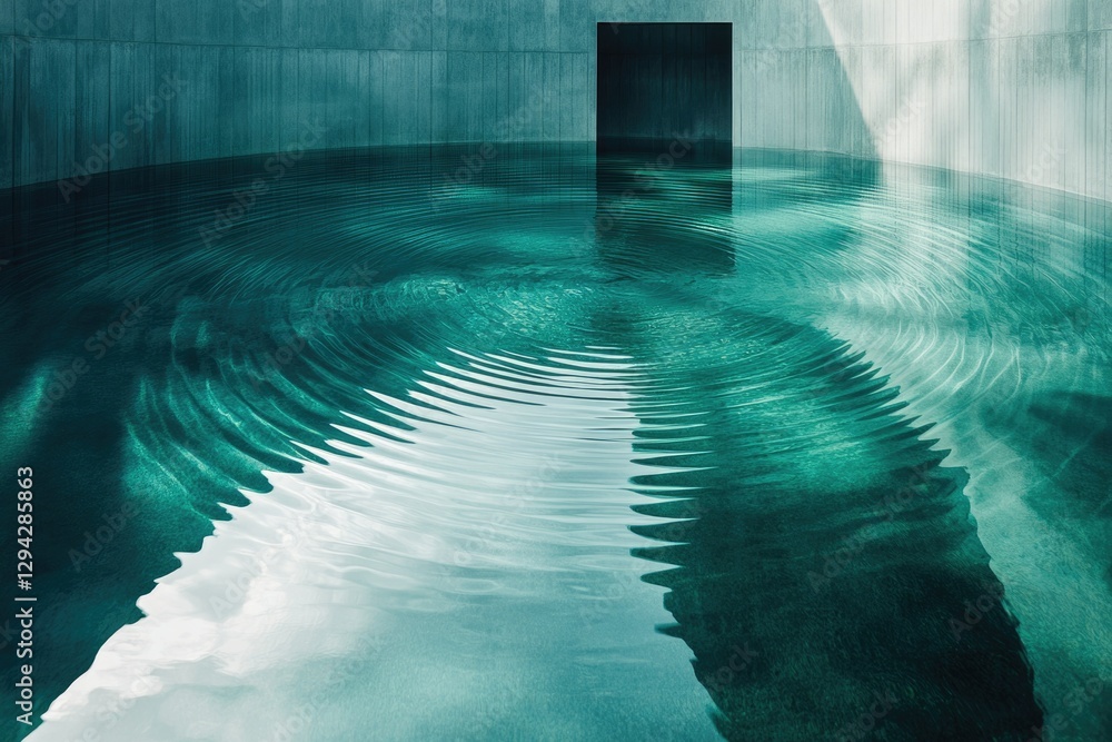 Poster circular ripples spread across a teal pool within a minimalist concrete structure, a single dark doo