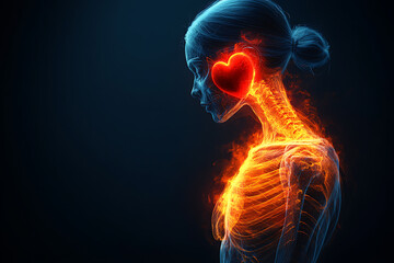 A futuristic X-ray image of the human body with a glowing red heart on the right side. 
