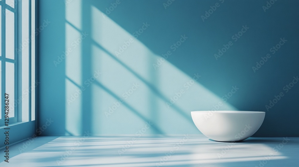 Poster Sunlight streams through large windows, creating soft shadows on a peaceful blue wall. A simple white bowl rests quietly on the floor, enhancing the calm atmosphere
