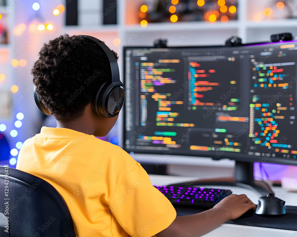Poster boy coding at home, illuminated background