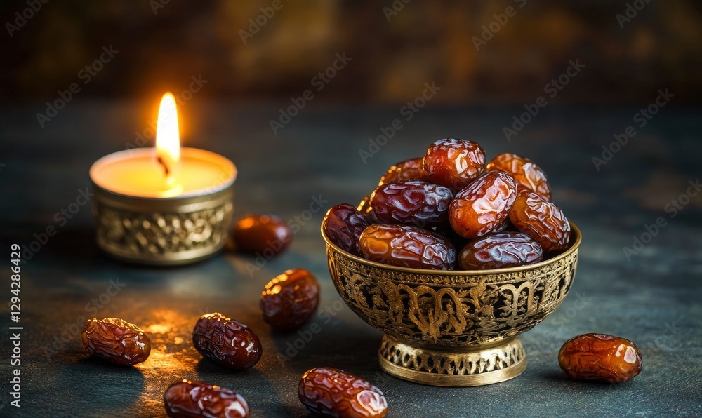 Aufkleber two bowls of dates on a dark background with a burning candle and some dates scattered around, a ram
