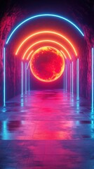 Glowing neon tunnel with a large red moon illuminating the vibrant space at nighttime