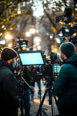 Film crew working on a set with cameras and bright lighting during a production day