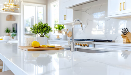 Bright kitchen island with lemons, modern design