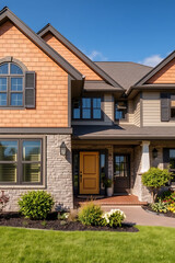 Luxury Modern Home Exterior: Brick and Stone Facade, Landscaping, and Garden