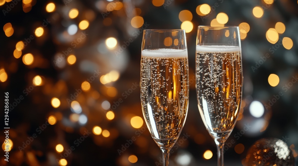 Poster elegant champagne toast celebration against bokeh lights backdrop captures festive mood and sparklin