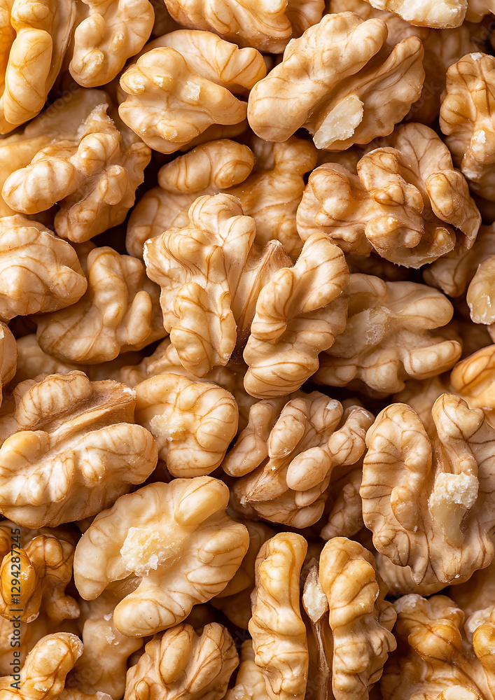 Poster walnut kernels: a closeup capturing the intricate textures and patterns of walnut kernels, showcasin