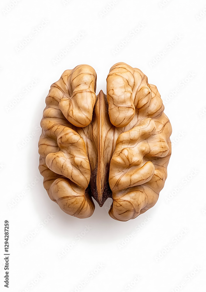 Poster walnut kernel on white surface. one half of a shelled walnut showcasing its intricate structure. the