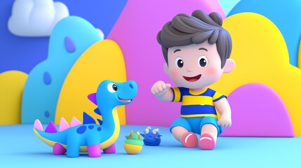 Obraz premium A white boy playing with a dinosaur figurine Linear minimalistic illustration.