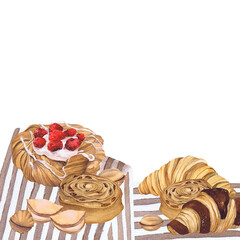 Watercolor illustration of of baking. Hand-drawn set from isolated clip art on a white background. Bright and appetizing pictures of realistic watercolor buns for menus, signs, packaging, textiles