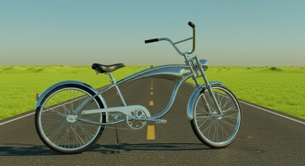 Naklejka premium Vintage cruiser bicycle on empty road surrounded by green fields under clear blue sky