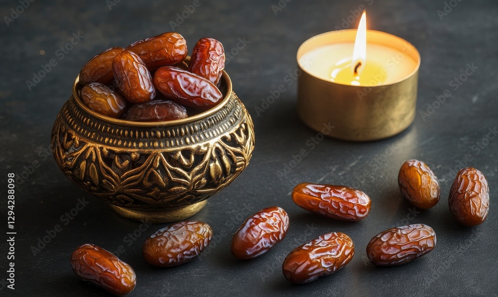 Poster two bowls of dates on a dark background with a burning candle and some dates scattered around, a ram