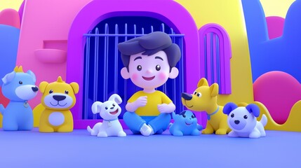 Obraz premium A white teen volunteering at an animal shelter Linear minimalistic illustration.