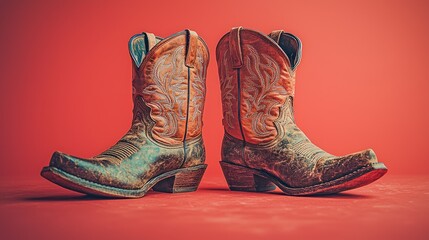 Pair of ornate cowboy boots on red background