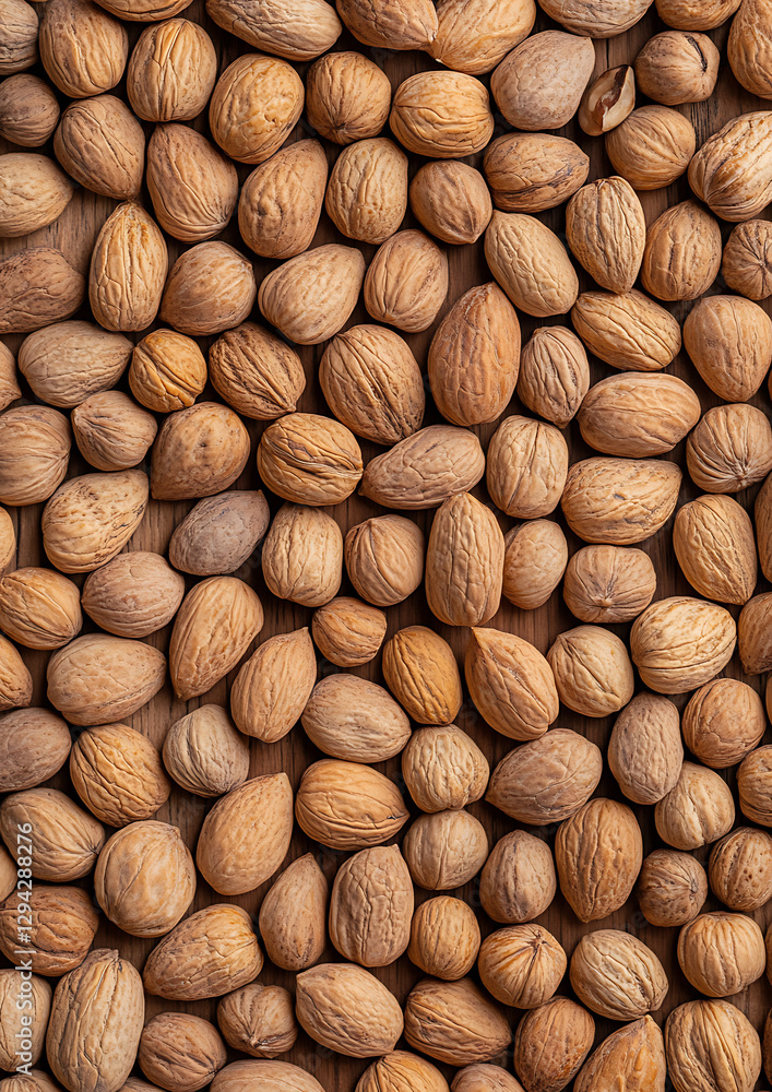 Poster walnut abundance: a dense layer of walnuts, with their textured shells, creates a warm, autumnal com