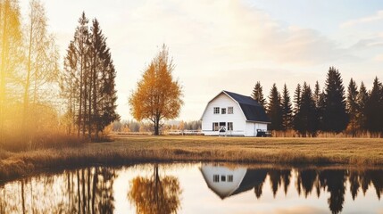 Fototapeta premium Serene Lakeside Farmhouse: A picturesque farmhouse by a tranquil lake reflecting the surrounding trees and the warmth of a setting sun. Capturing the essence of rural life.