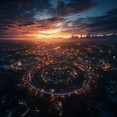 Papier peint photo  Aerial View of Urban Landscape at Sunset with Circular Roads  © tanawatbig