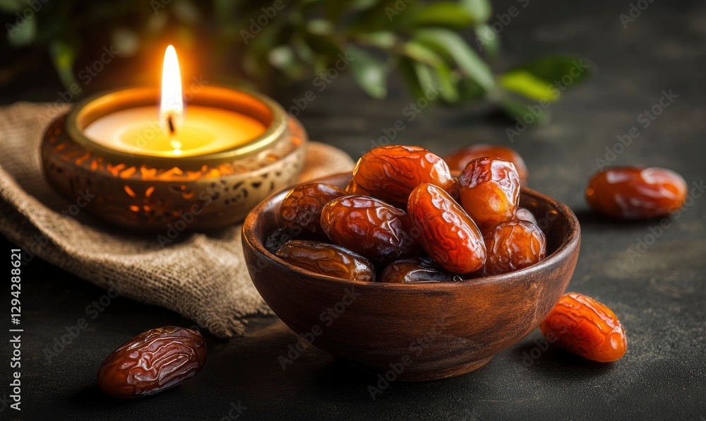 Poster two bowls of dates on a dark background with a burning candle and some dates scattered around, a ram