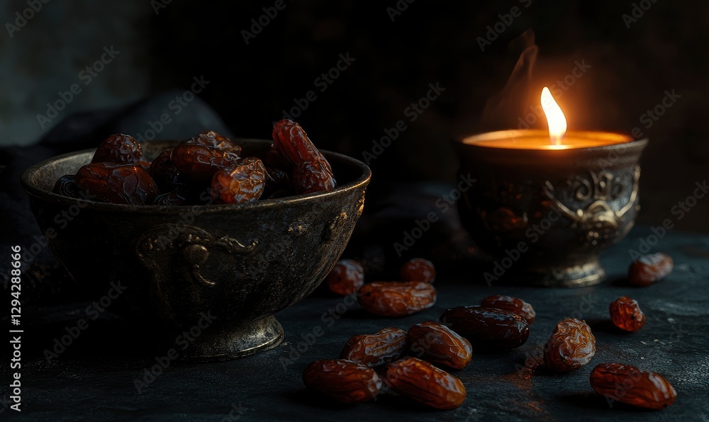Aufkleber two bowls of dates on a dark background with a burning candle and some dates scattered around, a ram