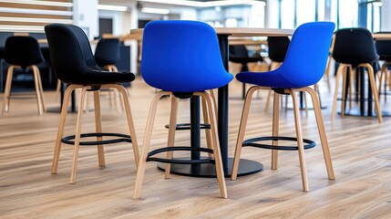 Modern Office Bar Stools, Blue & Black, Wooden Legs