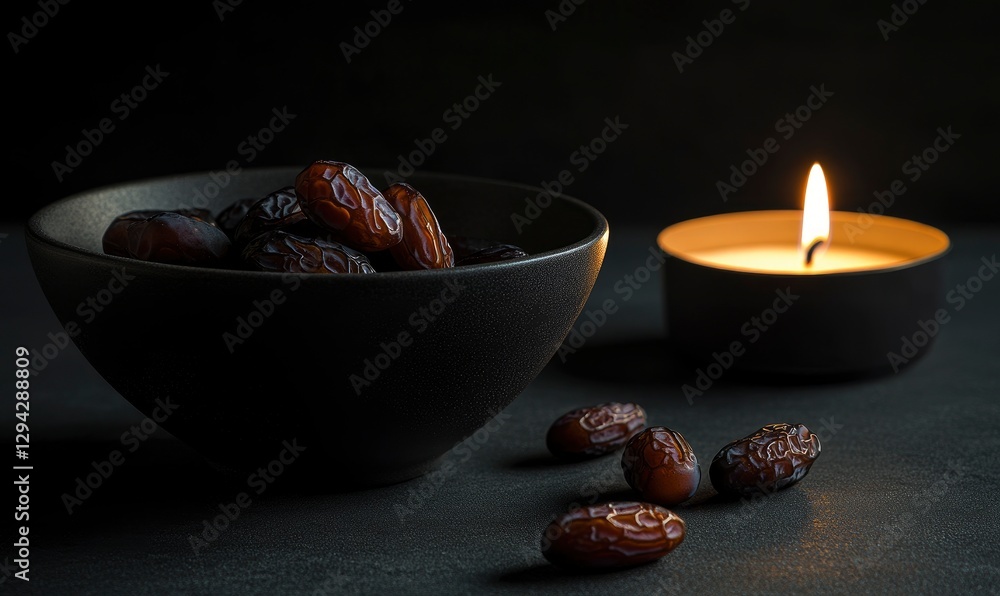 Aufkleber two bowls of dates on a dark background with a burning candle and some dates scattered around, a ram