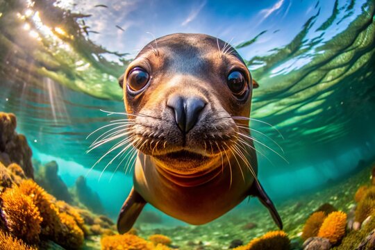 Playful California Sea Lion Underwater Portrait, Los Islotes, Baja California Sur, Mexico
