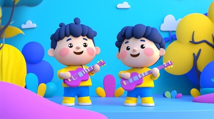 Naklejka premium Middle Eastern siblings performing a casual jam session in a park Linear minimalistic illustration.