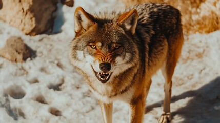 Naklejka premium Wild gray wolf stares intently in snowy mountain area
