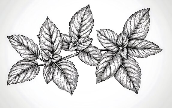 Detailed botanical sketch of mint leaves, for food or culinary use