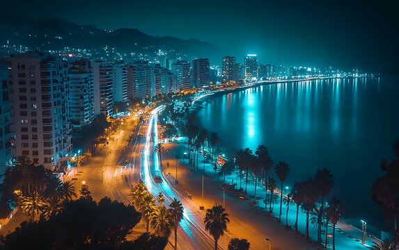 Night city lights on oceanfront highway