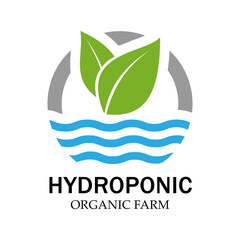 Hydroponic Organic Farm Logo Featuring Green Leaves and Water