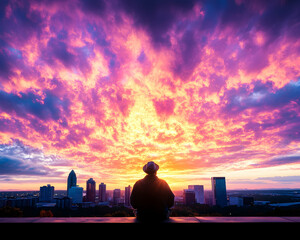Cityscape Sunrise Person silhouetted against vibrant sky