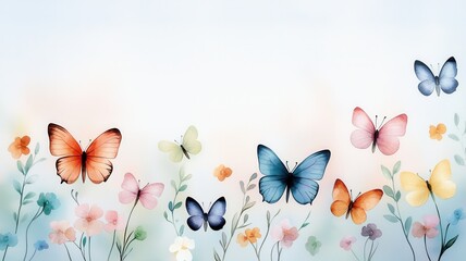 Happy Spring Flowers Background. Colorful butterflies flutter among delicate flowers in a soft, pastel background.