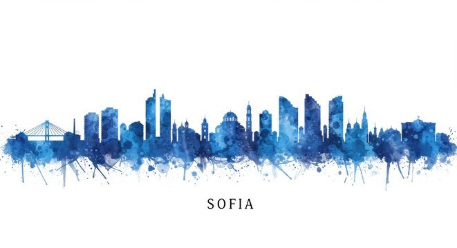 Blue watercolor silhouette of sofia skyline featuring iconic buildings and landmarks