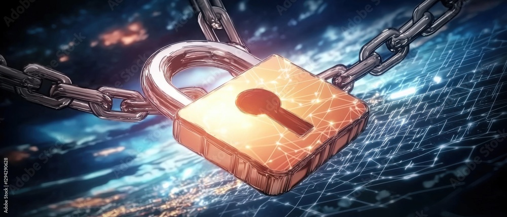 Poster secure digital data protection with locked chain symbolizing cybersecurity and information privacy
