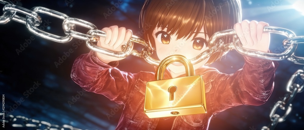 Poster close up of a heavy duty metal chain and golden padlock securing and protecting sensitive digital in