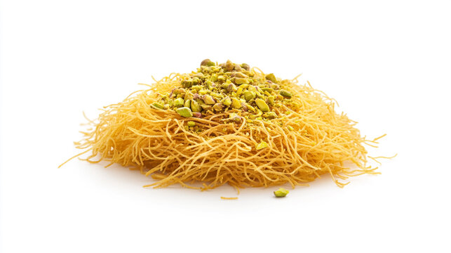 Delicious golden kataifi pastry with fresh pistachios food nuts sweet tasty treat baked white yummy