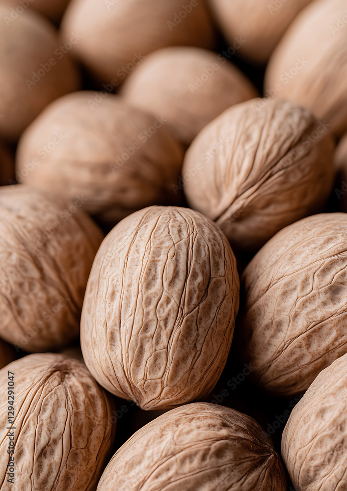 Poster macro shot of walnuts: a close-up view captures the texture of walnut shells, showcasing their intri