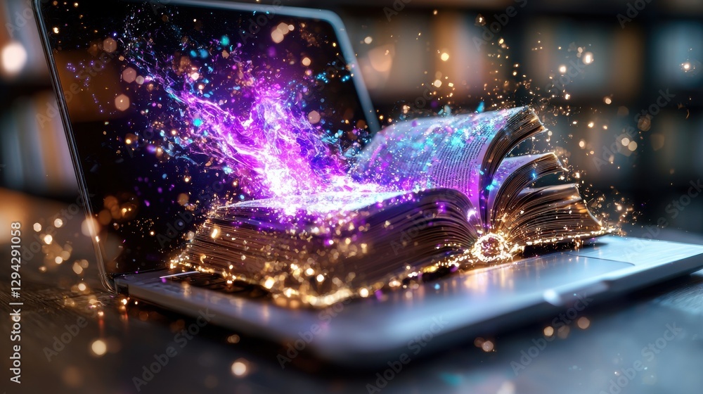 Poster glowing open book radiating with captivating digital energy and luminous light effects conveying a s