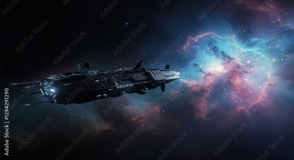 Poster futuristic spaceship exploring colorful nebula in deep space