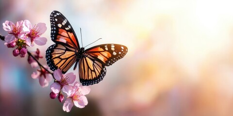 Obraz premium Happy Spring Flowers Background. A vibrant butterfly perched on delicate pink blossoms in soft lighting.