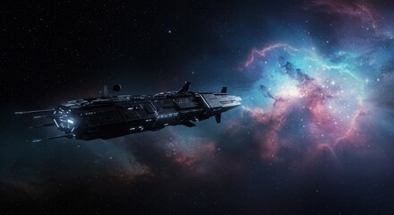 Naklejka premium Futuristic spaceship exploring colorful nebula in deep space