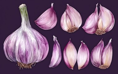 Watercolor garlic illustration set, various views, purple, artistic, food graphic